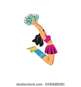 Pretty happy cheerleader is holding pompoms and jumping high in the air. Cartoon character performs the acrobatic dance. Sport fan pink uniform. Vector flat illustration isolated on white background