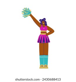 Pretty happy cheerleader raised her hand with pompom. Cartoon character performs the dance. Sport fan in pink uniform. Vector illustration isolated on white background
