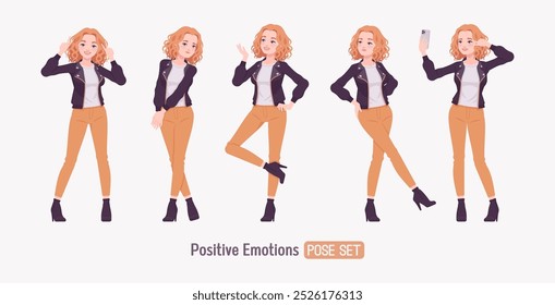 Pretty happy funny curly young trendy woman urban autumn jacket set, chic fall season look for casual outing, ambitious motivated female feeling confident, comfort cool weather. Vector illustration