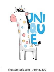 pretty happy smiling giraffe with unicorn horn and multicolor spots, blue large letters, isolated boyish and girlish childish art with text for summer t-shirts,wall art, baby shower,textile,mugs