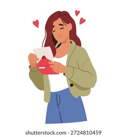 Novia sonriente bastante feliz que recibe la tarjeta de felicitación romántica y la carta de amor del novio aislado en blanco. Celebraciones del Día de San Valentín, declaración de amor, signos de atención Ilustración vectorial