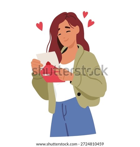 Pretty happy smiling girlfriend receiving romantic greeting card and love letter from boyfriend isolated on white. Valentines Day celebrations, love declaration, signs of attention vector illustration