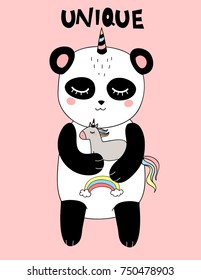 pretty happy smiling panda with horn is hugging unicorn toy, pink background, isolated girlish childish art with text for summer t-shirts, wall art, baby shower, textile, mugs, covers, phone cases, cards