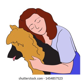 Pretty happy woman is hugging her lovely puppy german shepperd.