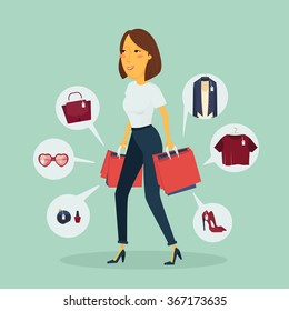 Pretty happy woman walking with shopping bags. Vector illustration