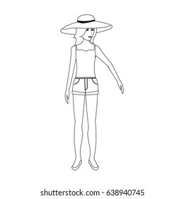 pretty happy woman wearing big sun hat tank top and shorts  icon