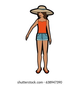 pretty happy woman wearing big sun hat tank top and shorts  icon
