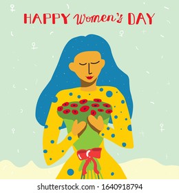 Pretty, happy young girl with a bouquet in her hands. Postcard for Women's Day. Vector flat template for the design of a poster, postcard, banner for the celebration of international women's day.