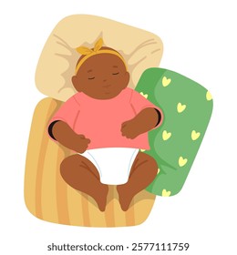 Pretty healthy newborn girl kid sleeping in bed with pillows enjoying night napping and sweet dreams vector illustration. Happy carefree childhood and adolescence time. Baby shower background