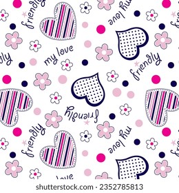 Pretty hearts and polka dot flowers textile pattern