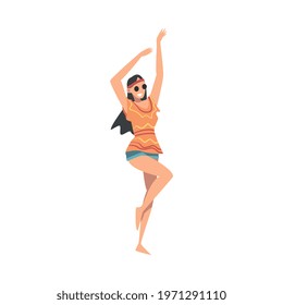 Pretty Hippie Woman Character, Brunette Girl with Long Hair Wearing Retro Style Clothing Happily Dancing at Disco Party Cartoon Vector Illustration