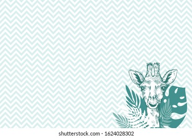A pretty hipster giraffe. Hand drawn giraffe with glasses for poster. Sketch of the giraffe facial head with smile. Zoo animal for poster and paper. rectangular background