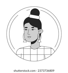 Pretty hispanic woman black white cartoon avatar icon. Bun hairstyle. Editable 2D character user portrait, linear flat illustration. Vector face profile. Outline person head and shoulders