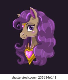 Pretty horse princess. Cute childish illustration of fancy little beautiful pony portrait. Vector print template for girlish t-shirt design.