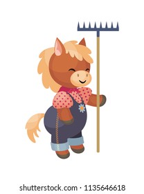 Pretty horse with a rake in cartoon style. Vector illustration isolated on a white background.