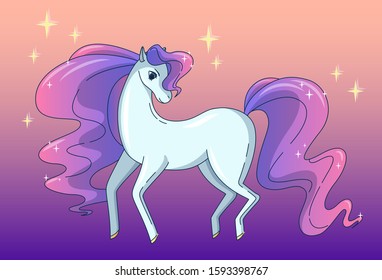 Pretty horse with waving mane and tail, shining like a brilliant. Vector illustration in cute cartoon style