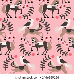 Pretty horses and birds in a folk art seamless pattern, that can be used on the web or in print for surface design