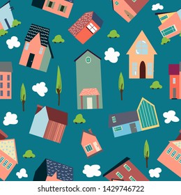 Pretty houses and trees. Seamless pattern and hand drawn texture. Flat design.
