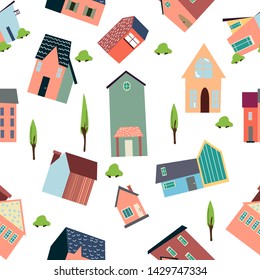 Pretty houses and trees. Seamless pattern and hand drawn texture. Flat design. Transparent background