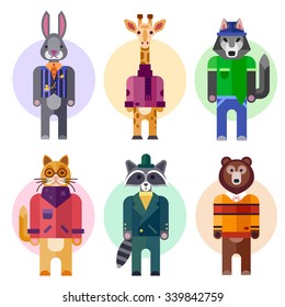 Pretty human-look animals in different suits. Isolated cartoons: bunny in business suit, giraffe in scarf, teenage wolf, noble cat in glasses, fashion raccoon, hipster grizzly bear. 
Flat vector set. 
