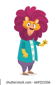 Pretty human-look. Isolated cartoon: teenage fashion hipster lion. Flat vector illustration.  Fashion style animal. Design for print, sticker or logo