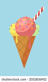 Pretty ice cream waffle cone with three scoops pastel colors yellow pink green