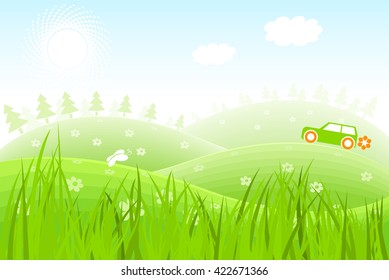 Pretty illustration depicting a car traveling over beautiful hills highlighted by a brilliant sun and clear blue sky