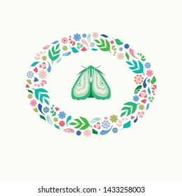 Pretty illustration of a green moth with floral and leaf wreath surround. A spring or summer vector design ideal for card or spot graphic projects.
