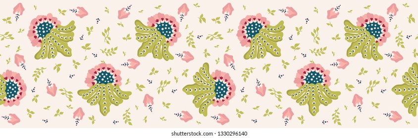 Pretty indian floral bloom border pattern. Seamless repeating. Hand drawn ornate vector illustration. Ornamental stylized flowwer grid on trendy pink ribbon trim. Spring fashion, retro home decor.