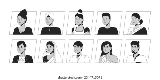 Pretty indian people black white cartoon avatar icons bundle. Editable 2D user portraits linear illustrations. Isolated vector face profile cliparts. Userpic collection, people head and shoulders