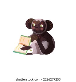 A pretty indri monkey is reading  a book. Animals read. Illustration for children. Cartoon cute animal for children's education