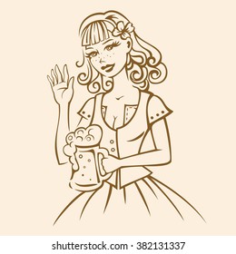 Pretty irish girl with clover in her hair holding the glass of beer and waving hand on the beige background. Vector linear illustration for Saint Patrick's Day. 