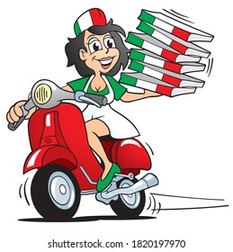 pretty italian cartoon girl driving a red scooter to deliver pizza and pasta