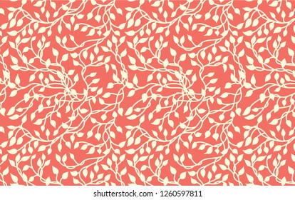 Pretty ivy vines in white on coral pink background in a hand drawn nature pattern design. Romantic wallpaper material with climbing leaves in a garden print illustration.