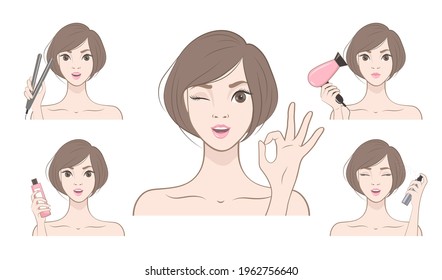 Pretty Japanese girl is caring her hair and shaping her hair. Set of hair treatment procedure.Vector illustration