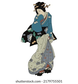 Pretty Japanese woman covering her mouth with the hem of her kimono. Traditional style. Isolated vector illustration.