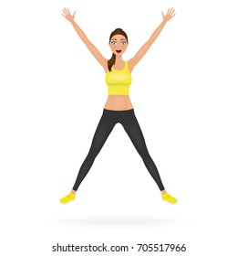 Pretty jumping girl in leggings and crop top with hands up. Happy young woman character. Vector illustration.