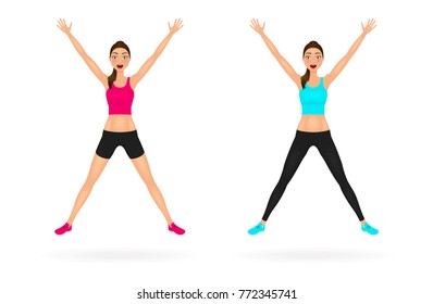 Pretty jumping girl in sportswear with hands up. Happy young woman characters set. Vector illustration.