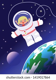 Pretty Katy in space. part 1. Girl astronaut in a spacesuit in cartoon style on the background of the planet Earth and the moon