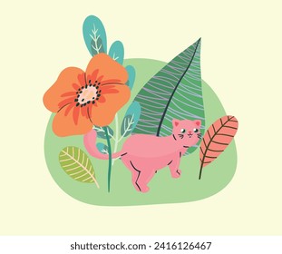 Pretty kids drawing with a small kitten walking among leaves and flowers. Cute cartoon cat among plants. Hand drawn vector illustration.