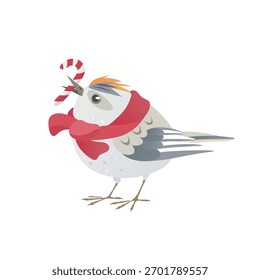 Pretty kinglet and a candy cane. Little bird with a crest in a warm red scarf. Cute vector character in winter season. Perfect for Christmas cards, holiday decorations, stickers, and festive designs.