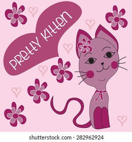 pretty kitten with flowers and hearts vector illustration