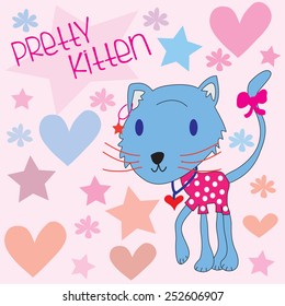 pretty kitten with hearts and stars vector illustrations