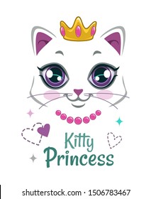 Pretty kitten print. Beautiful white princess cat face. Vector template for t-shirt design.