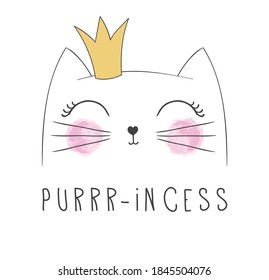 Pretty kitten print. Beautiful white princess cat face. Vector template for t-shirt design.Children illustration for School books and more. Purr-incess slogan. Animal print.