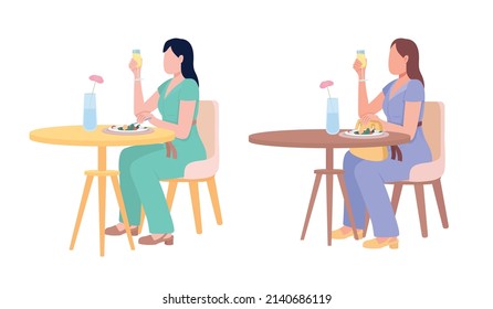 Pretty ladies enjoing white wine and salad semi flat color vector characters set. Full body people on white. Simple cartoon style illustration collection for web graphic design and animation