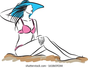 PRETTY LADY AT THE BEACH IN BIKINI VECTOR ILLUSTRATION