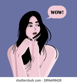 una dama bonita está expresando guau con el pelo en la mano