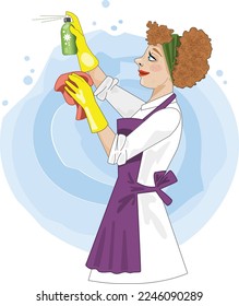 A pretty lady happily using cleaning products