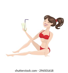 Pretty lady sitting and drinking lemonade. Vector cartoon illustration.